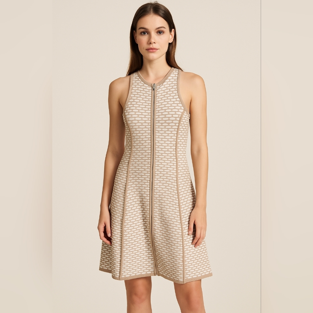 Intermix Textured Knit Fit & Flare Dress • Size S • Beige & Cream